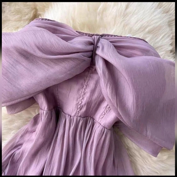 Elegant Off Shoulder Lavender Strapless Chiffon Bow Ruffle Tulle Dress - Picture 5 of 17